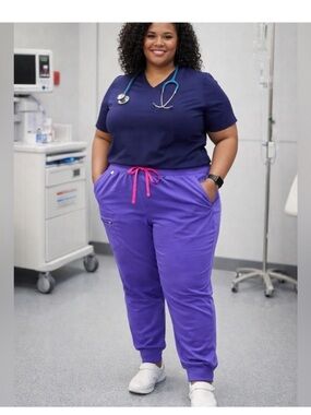 Figs High-Waisted Zamora Yoga Scrub Pants in Purple with Pink Accents 4XLP